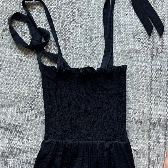 Black Smocked Luxe Silky Tie-Shoulder Maxi Dress - - Picture 5 of 6